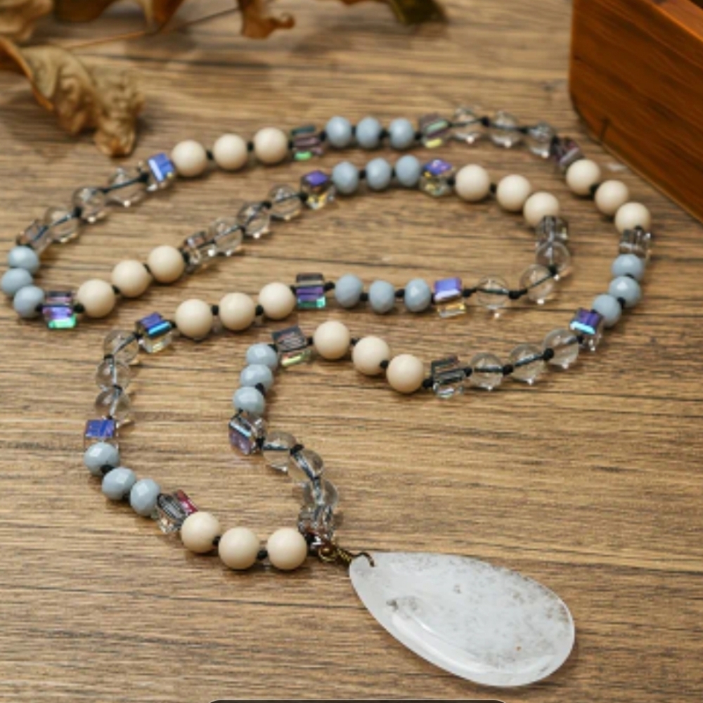 New 30in Crystal Quartz Beaded Necklace with Pendant